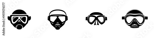 Diverse black icons featuring different types of diving masks suitable for underwater exploration and marine activities