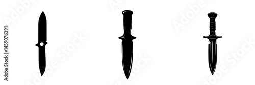 Collection of flat black knife icons displaying various blade designs and handle styles suitable for graphic use