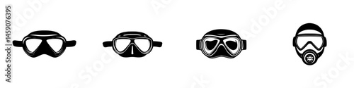 Diverse collection of flat black icons depicting various styles of protective goggles and masks for safety and recreation