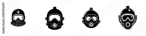 Diverse designs of flat black diver and helmet icons showcasing various styles and functionalities in underwater exploration