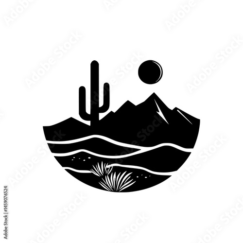 Black icon of a desert landscape featuring mountains, cacti, and a sun in a circular design