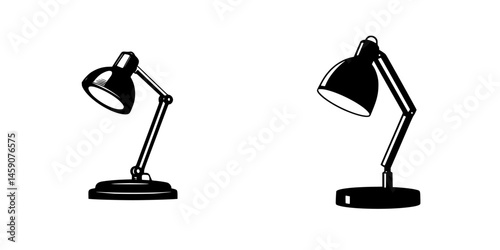 Flat black icons of desk lamps showcasing distinct designs and adjustable features for various lighting needs