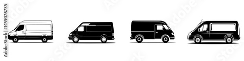 Collection of flat black van icons showcasing different styles and shapes for design use