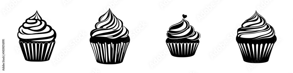 Collection of flat black cupcake icons showcasing different frosting styles and designs for culinary projects and digital use Collection of flat black cupcake icons showcasing different frosting styles and designs for culinary projects and digital use