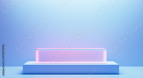Glossy pink platform on a soft blue background with spotlight beams.