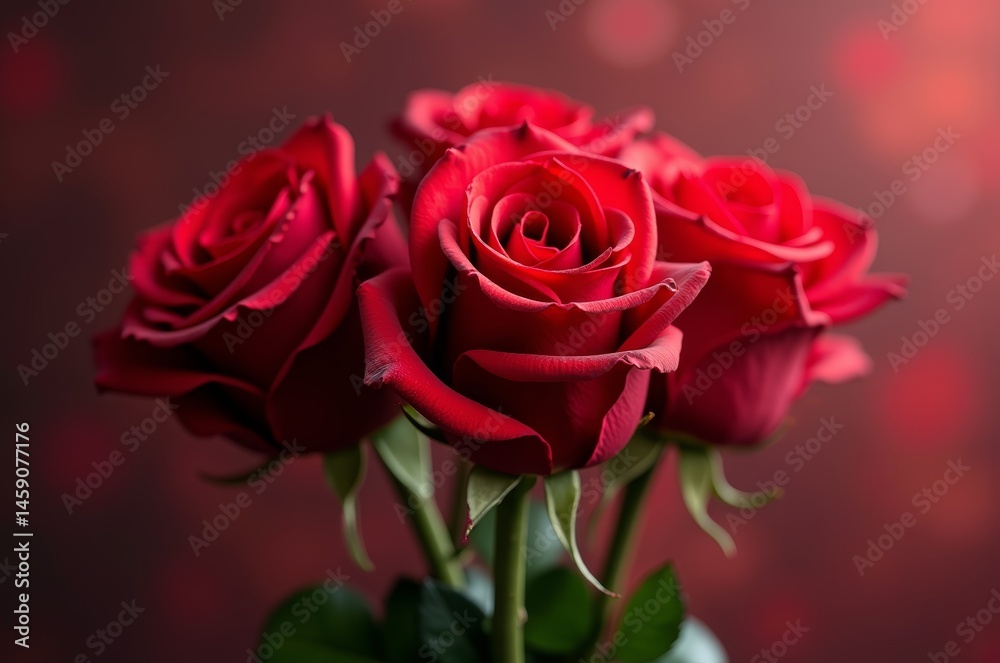 Naklejka premium Three red roses with green stems against a blurred red background