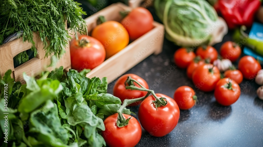 Fresh, ripe tomatoes on the vine, alongside vibrant green spinach and dill, sit in a rustic wooden crate, showcasing a healthy and delicious farm-to-table aesthetic. : Generative AI Fresh, ripe tomatoes on the vine, alongside vibrant green spinach and dill, sit in a rustic wooden crate, showcasing a healthy and delicious farm-to-table aesthetic. : Generative AI