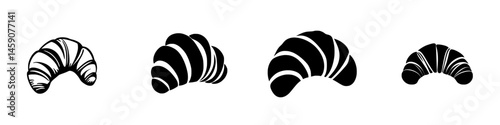 Stylized flat black croissant icons featuring various designs showcasing distinct textures and patterns