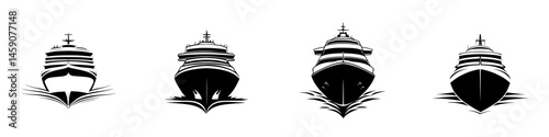 Various flat black boat icons representing different styles of cruise ships in a simplistic design