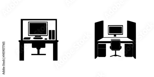 Innovative flat black icons depicting modern workspace designs for efficient home office setups