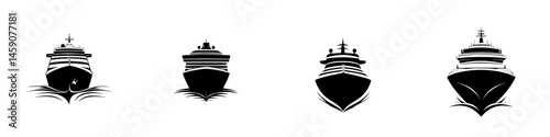 Stylized black icons of various cruise ships facing forward showcasing distinct designs and nautical features for use in maritime themes