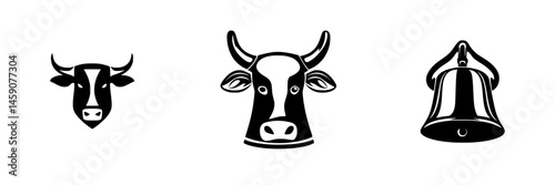 Black icons representing a cow silhouette, detailed cow face, and a bell design suitable for agricultural themes and logos
