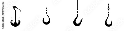 Various black fishing hooks and an abstract bird design displayed in flat black style for recreational or professional use