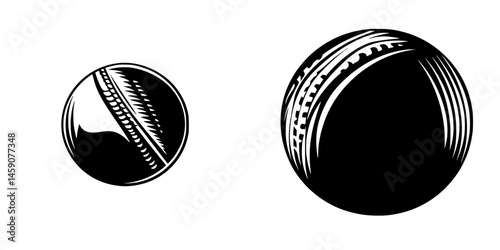 Cricket ball design showcasing two styles, emphasizing texture and shape in a flat black icon format