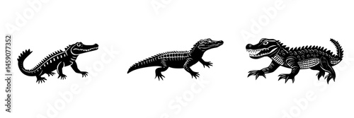 Stylized flat black icon set of three different crocodile silhouettes showcasing unique designs and features