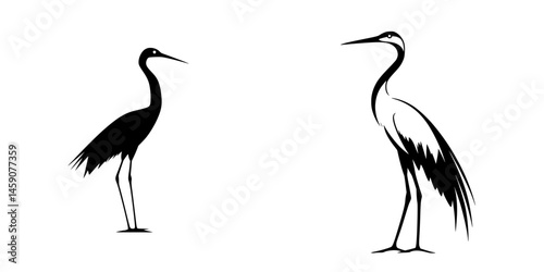 Stylized black and white outline of two elegant herons standing side by side on a plain background