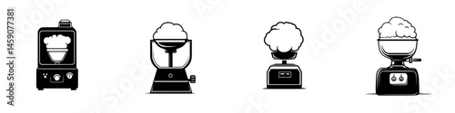Stylish flat black icons representing various types of blenders with distinctive designs and features in a minimalist style