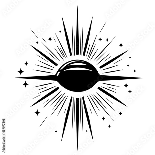 Icon representing a celestial body surrounded by radiant stars and spikes illustrating energy or light