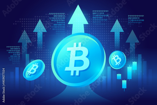 Bitcoin Symbol with Arrow Up Trading Growth Graph Backgrounds or Digit Cryptocurrency Investment Concept representing Innovation Futuristic Banking Financial Concepts