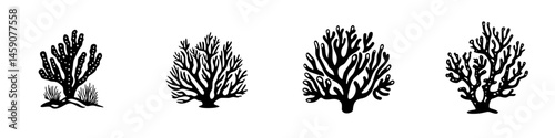 Diverse collection of flat black coral icons depicting underwater flora and marine life in various shapes and styles