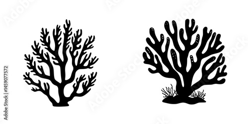 Flat black coral icons representing marine life in underwater ecosystems and ocean environments