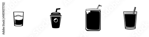 Collection of flat black drink icons featuring various beverage styles and containers