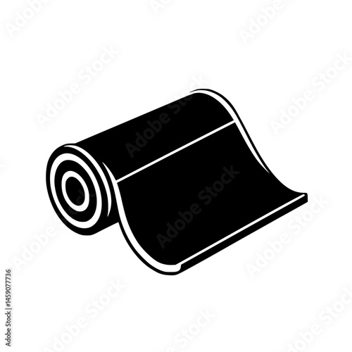 Black flat icon of a rolled-up material, commonly used for flooring or craft projects, featuring smooth edges and a simple design