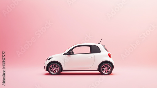 White compact car on a pastel pink background.  photo