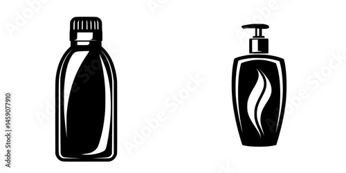 Icons representing shampoo and lotion products in a flat black design with clean lines