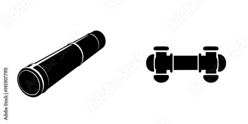 Flat black fitness icon representing a barbell and a dumbbell for strength training and gym activities