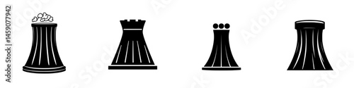Variations of cooling towers illustrated in flat black design representing energy production and environmental themes