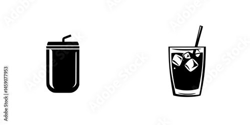 Black icons of a soda can and a glass filled with ice on a plain background
