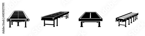 Collection of flat black icons showcasing various types of tables suitable for diverse activities and settings