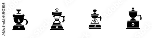 Various flat black icons of coffee makers displaying different styles and designs for brewing coffee at home or in cafes