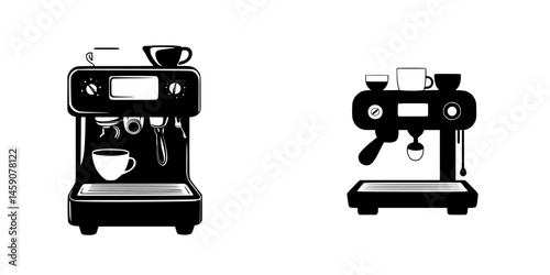 Flat black icon representing two coffee machines serving espresso and cappuccino beverages in a modern cafe setting