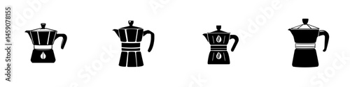 Flat black icons of coffee makers showcasing various designs and styles for brewing coffee at home or in cafes