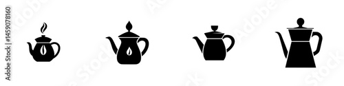 Collection of four flat black icons representing different styles of teapots for design and culinary purposes