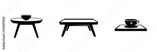 Collection of flat black icons representing various table designs and arrangements suitable for modern decor