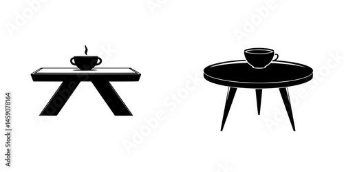 Stylish black icons of a modern coffee table with a cup on top and a minimalistic round table featuring a cup, ideal for digital design elements