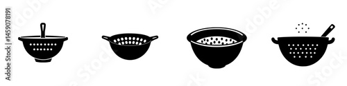 Black icons of various kitchen colanders showcasing different styles and designs for food preparation and draining tasks