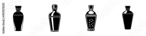 Simple flat black icons representing different types of bottles and containers used for beverages and various liquids
