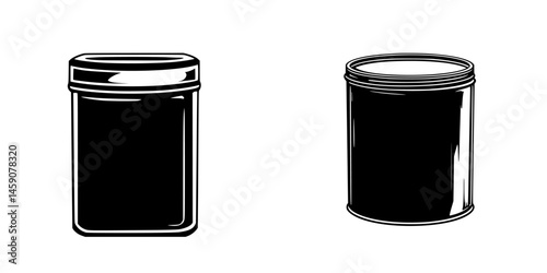 Black flat icons depicting two different container designs, one rectangular and one cylindrical with lids