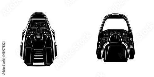 Detailed flat black icon of a cockpit design showcasing key elements and features of an aircraft interior
