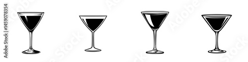 Flat black icons representing different styles of cocktail glasses arranged in a row for beverage design or bar menu applications