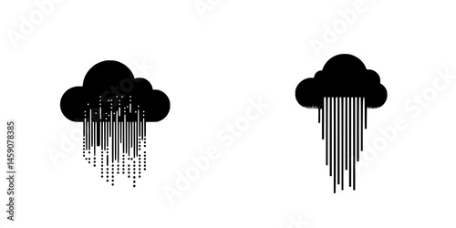 Flat black cloud icons representing different rainfall styles displayed on a white background, emphasizing weather elements in graphic design