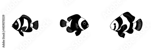 Three flat black icons of similar fish with distinct fin and body shapes swimming in a minimalist style against a white background