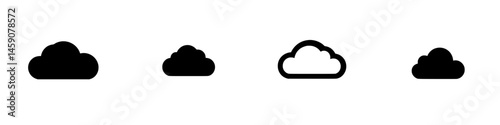 Collection of flat black cloud icons in various shapes and sizes for graphic design applications
