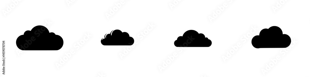 Collection of flat black cloud icons representing various shapes and sizes for graphic design projects Collection of flat black cloud icons representing various shapes and sizes for graphic design projects