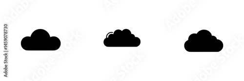 Three flat black cloud icons representing different forms of cloud shapes and sizes for design and digital applications related to weather and nature