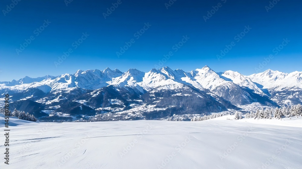 Obraz premium Majestic snow-capped alpine mountain range under a vibrant blue sky, showcasing a pristine, snow-covered valley and distant village. : Generative AI